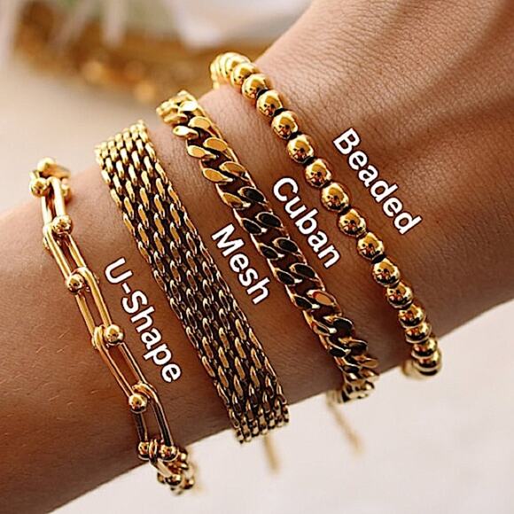 Gold Plated Bracelet Set, U Link, Mesh, Cuban, Beaded, Chain Link Bundle - Picture 2 of 5